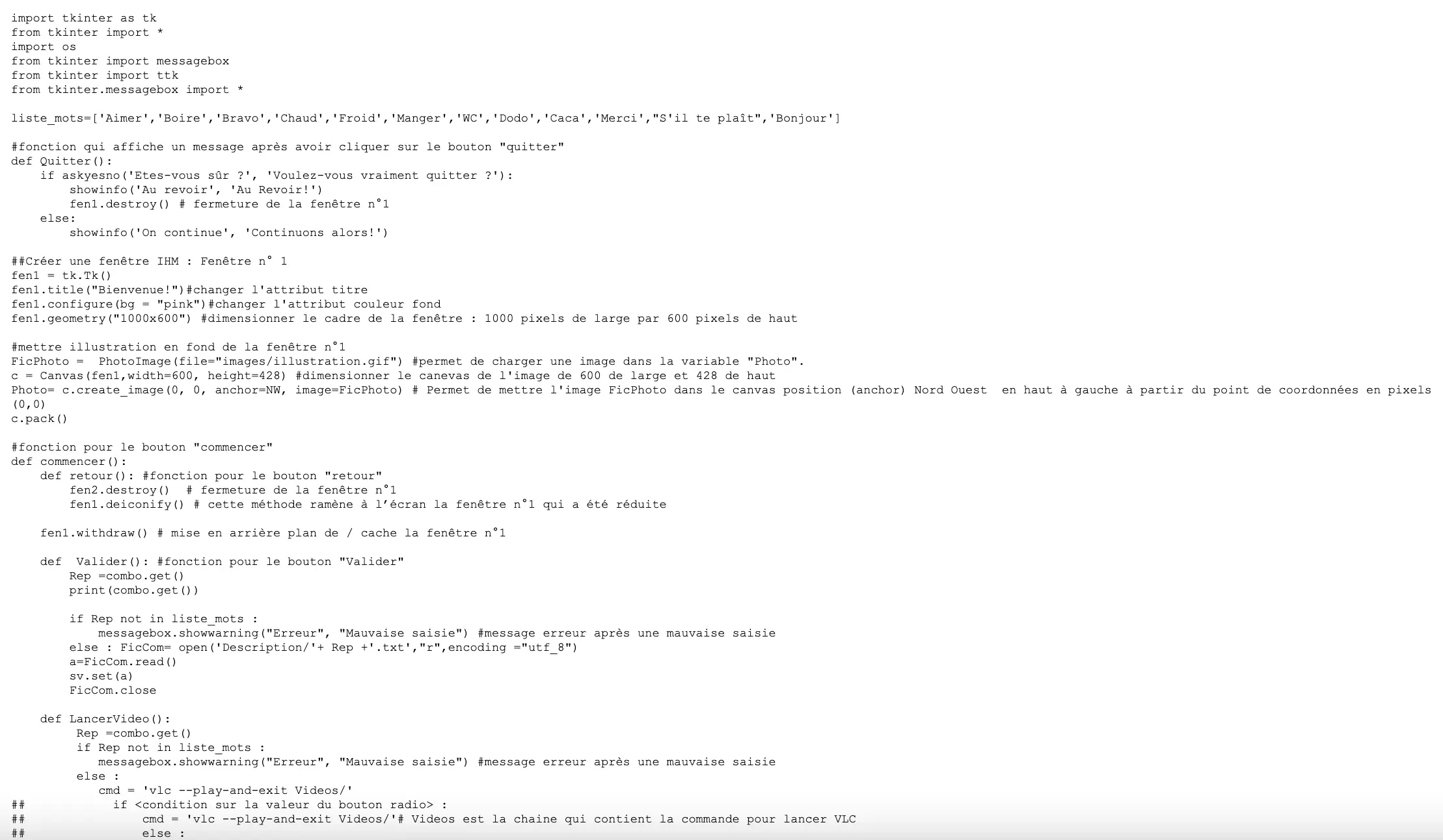 Image d'un extrait du code du projet