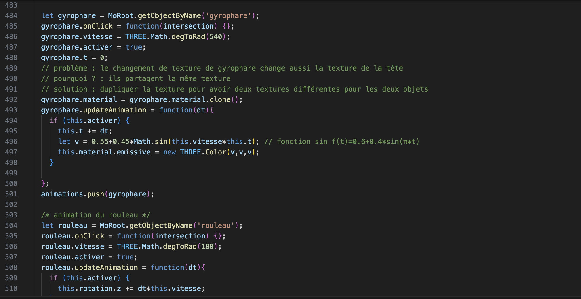 Image du code d'un extrait de l'animation du personnage Mo